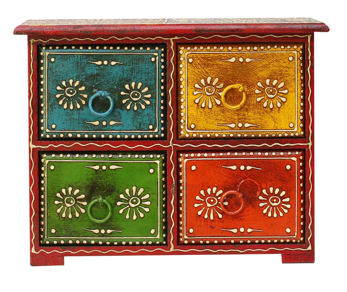 9.5” Wooden Jewelry Box in Bulk - Wholesale Orange, Blue, Yellow Green Jewelry Box/Trinket Box in Wood with 4 Drawers Decorated with Old World Cone Painting Art from India