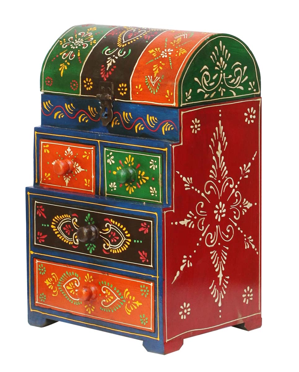 Bulk Buy Hand-Crafted9.5” Wooden Jewelry Box - Wholesale Jewelry Box/Trinket Box with 4 Drawers in Orange, Black, Green & Old-Style Cone Painting Art in Multicolor Motifs from India