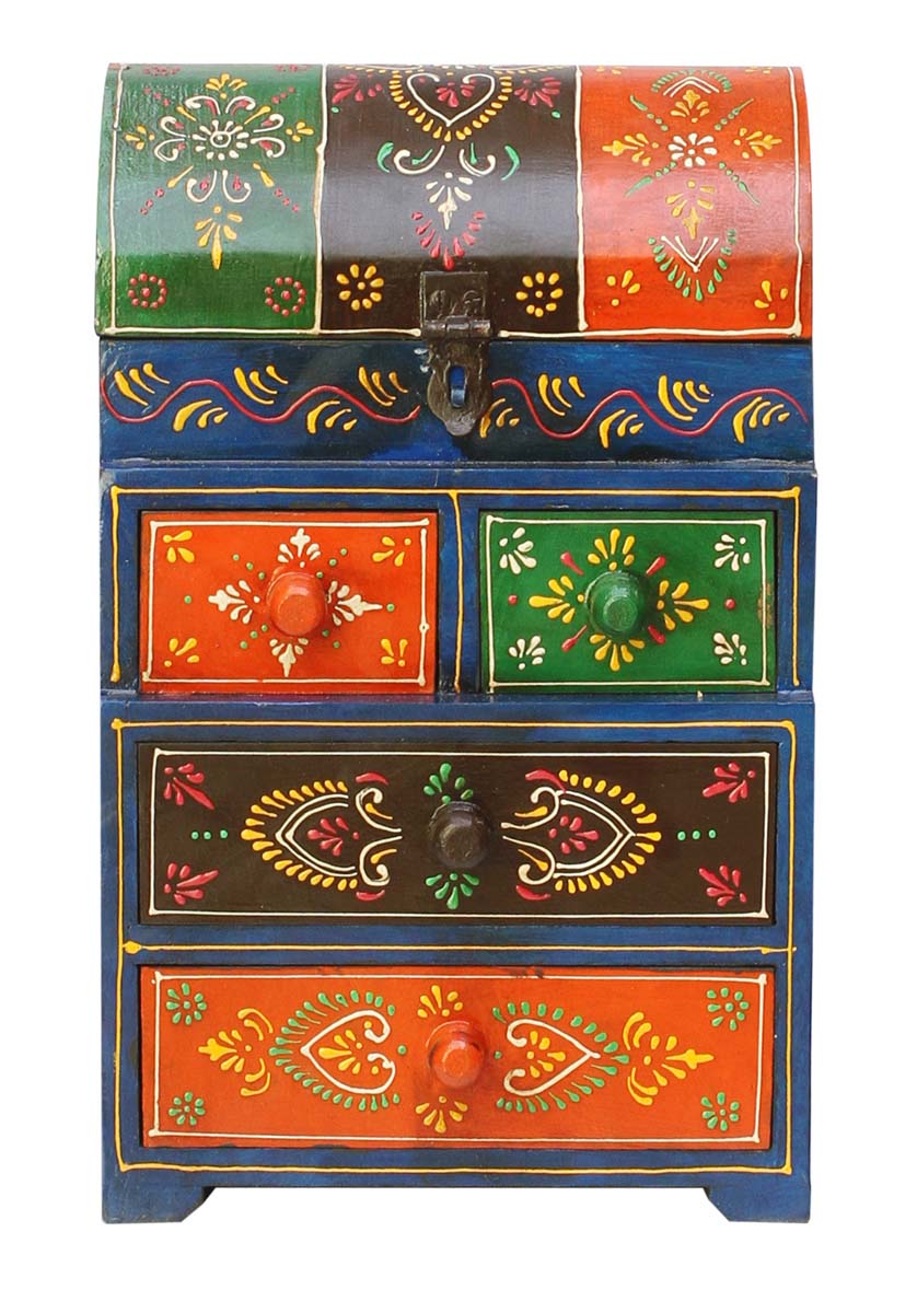 Bulk Buy Hand-Crafted9.5” Wooden Jewelry Box - Wholesale Jewelry Box/Trinket Box with 4 Drawers in Orange, Black, Green & Old-Style Cone Painting Art in Multicolor Motifs from India