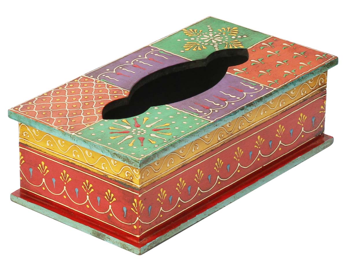 Bulk Wholesale Handmade 10” Wooden Tissue Box Holder in Yellow, Violet, Olive-Green, Red Color with Old World Cone-Painting Art in Traditional Motifs - Kitchen/Dining Table Accessories from India