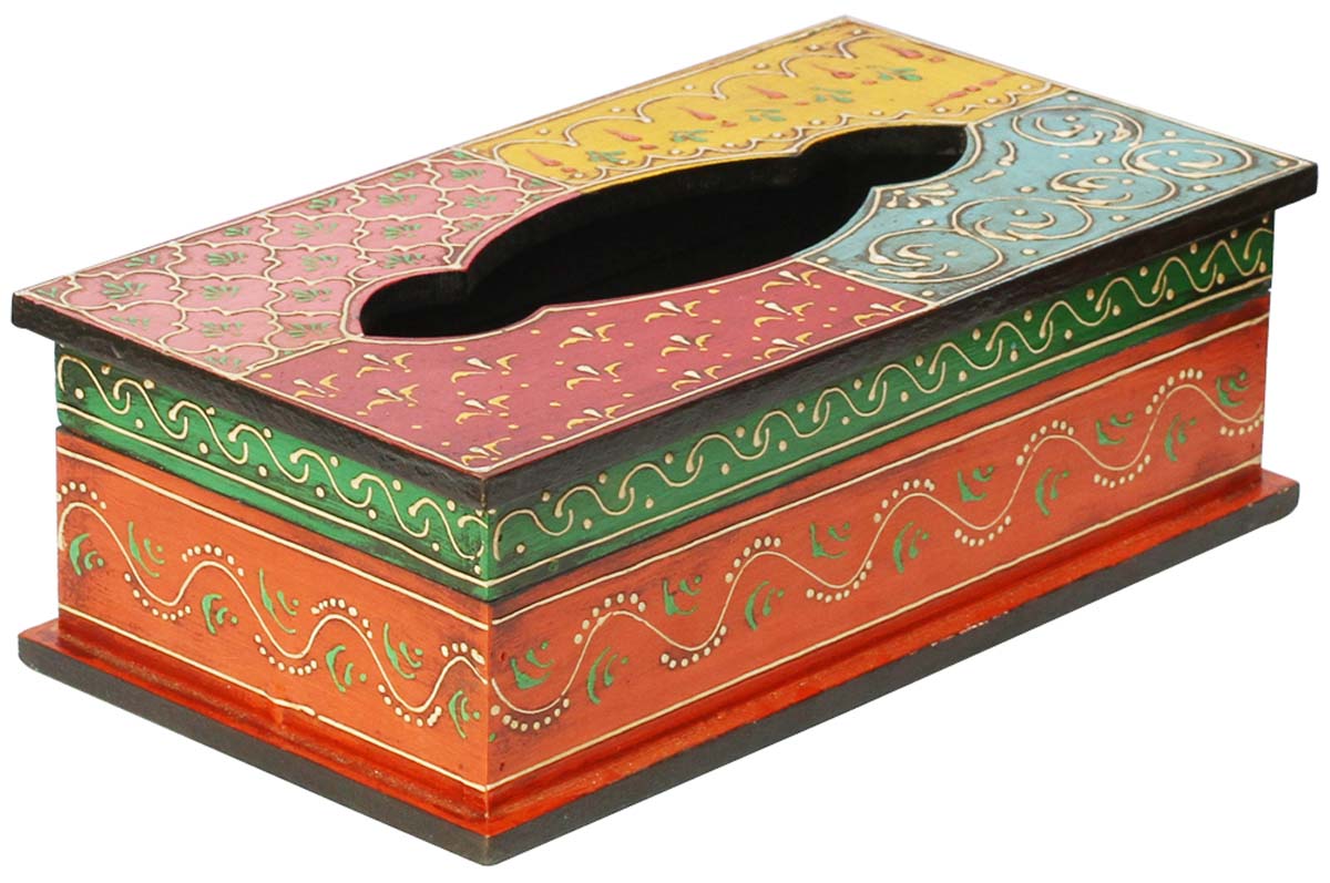 Bulk Wholesale Handmade 11” Wood Tissue Box Holder in Yellow, Blue, Pink, and Red & More Colors Decorated with Old World Cone-Painting Art in Traditional Motifs - Kitchen/Dining Table Accessories from India