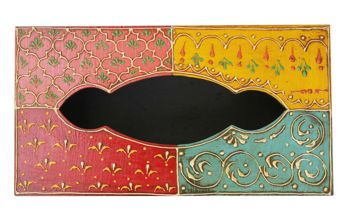 Bulk Wholesale Handmade 11” Wood Tissue Box Holder in Yellow, Blue, Pink, and Red & More Colors Decorated with Old World Cone-Painting Art in Traditional Motifs - Kitchen/Dining Table Accessories from India