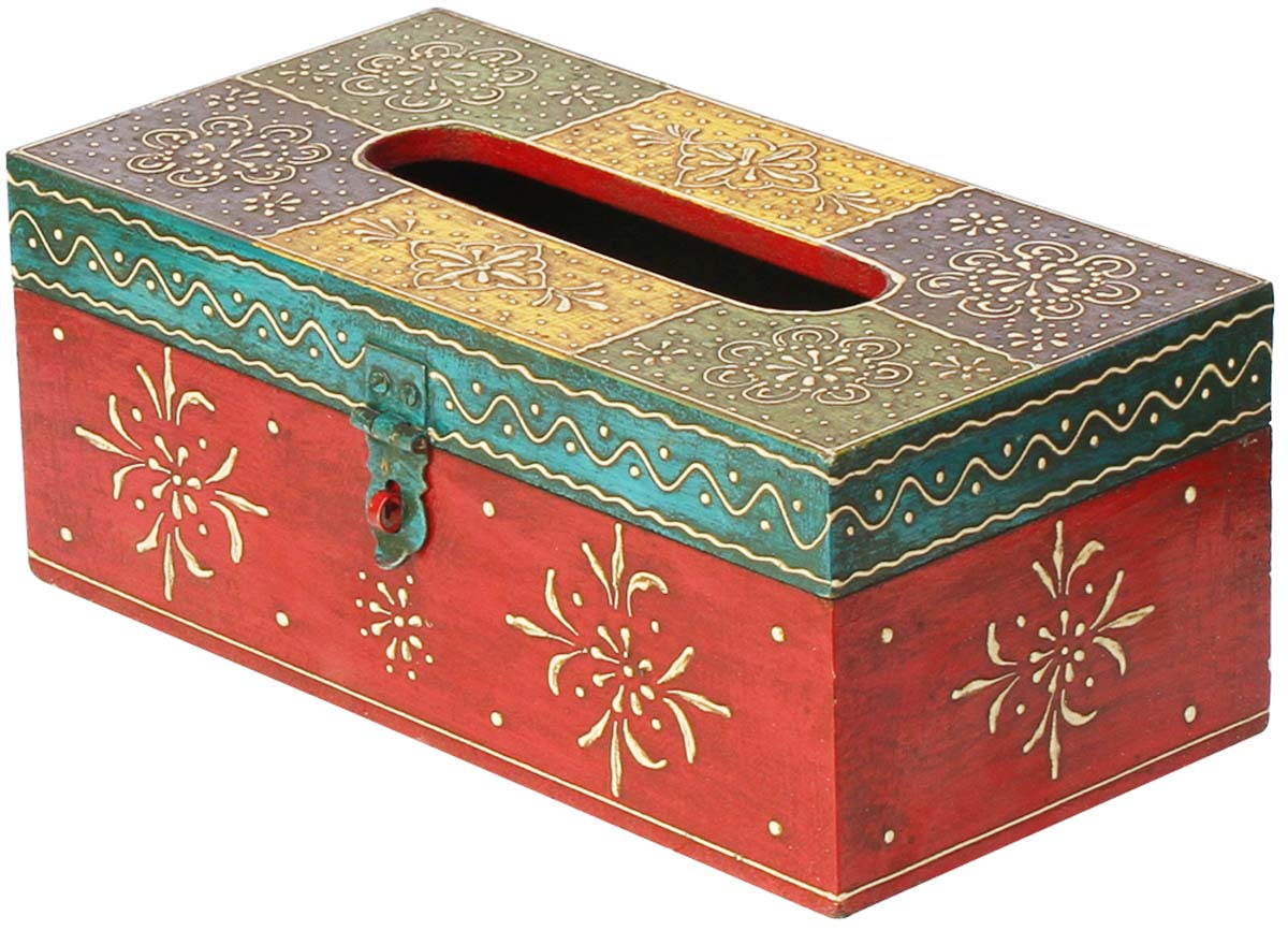 Bulk Wholesale 11" Wood Tissue Box Holder in Yellow, Blue, Green Color Decorated with Old World Cone-Painting Art in Traditional Motifs - Kitchen/Dining Table Accessories with Metal Lock from India