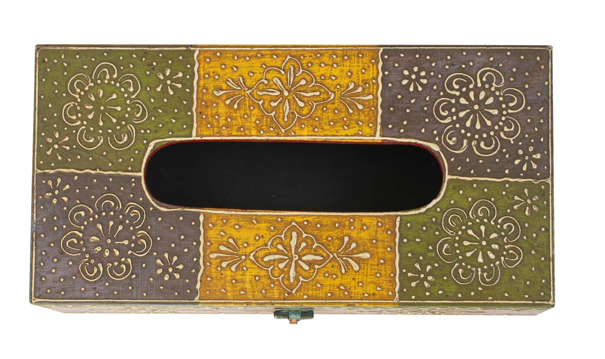 Bulk Wholesale 11" Wood Tissue Box Holder in Yellow, Blue, Green Color Decorated with Old World Cone-Painting Art in Traditional Motifs - Kitchen/Dining Table Accessories with Metal Lock from India