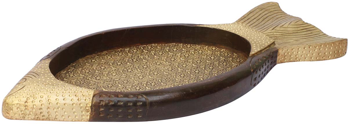 Bulk Wholesale Handmade 24” Wood Serving Tray in Fish Shape Enhanced with Golden Brass Work - Antique-Look Kitchen Accessories/Home Decor from India