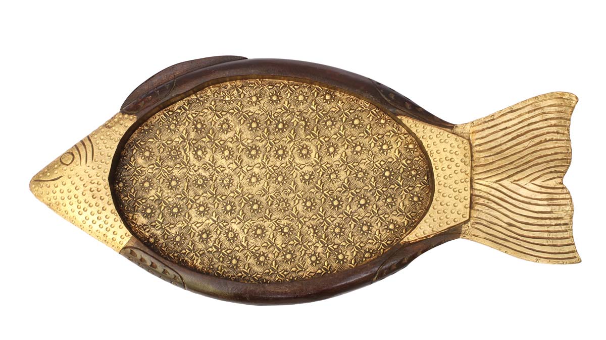 Bulk Wholesale Handmade 24” Wood Serving Tray in Fish Shape Enhanced with Golden Brass Work - Antique-Look Kitchen Accessories/Home Decor from India