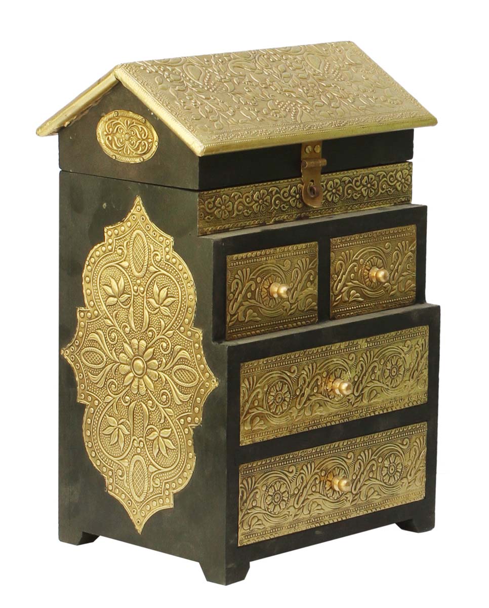 12” Wooden Black Jewelry Box in Bulk - Wholesale Handmade Keepsake Box/Trinket Box with 5 Drawers of Different Sizes Enhanced with Golden Brass Inlay Work from India