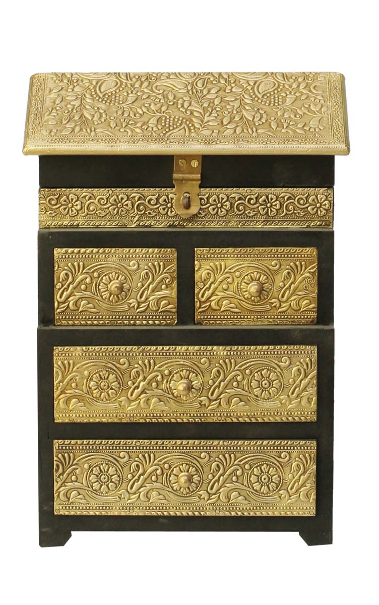 12” Wooden Black Jewelry Box in Bulk - Wholesale Handmade Keepsake Box/Trinket Box with 5 Drawers of Different Sizes Enhanced with Golden Brass Inlay Work from India