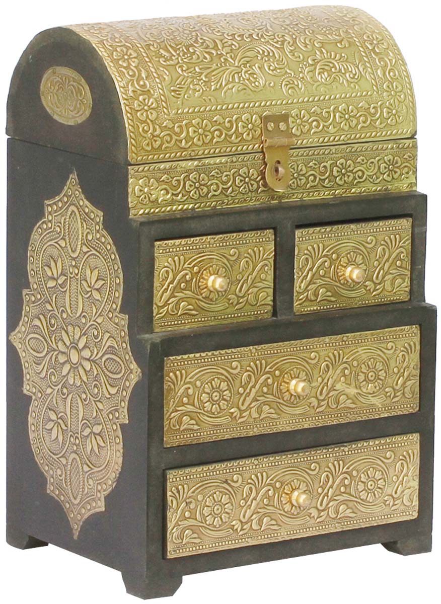 12” Wooden Black Jewelry Box in Bulk - Wholesale Handmade Keepsake Box/Trinket Box with 5 Drawers of Different Sizes Enhanced with Golden Brass Inlay Work in Traditional-Look Motifs from India