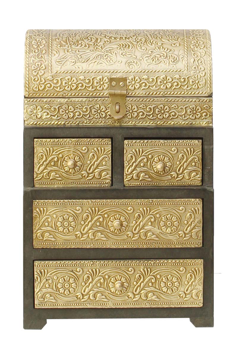 12” Wooden Black Jewelry Box in Bulk - Wholesale Handmade Keepsake Box/Trinket Box with 5 Drawers of Different Sizes Enhanced with Golden Brass Inlay Work in Traditional-Look Motifs from India