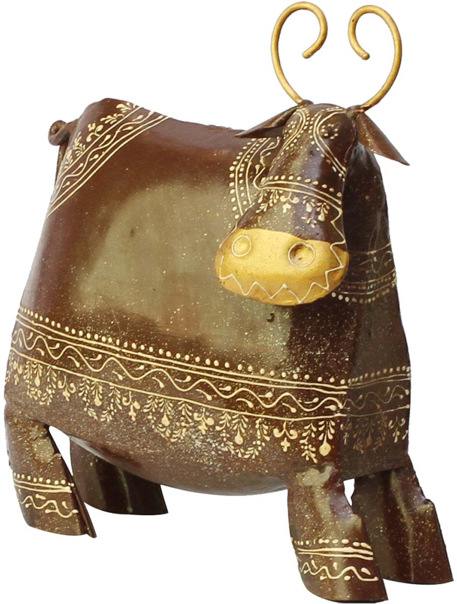 Bulk Wholesale - Handcrafted 10” Iron Figurine / Sculpture of a Brown & Golden Buffalo - In Cone Painting Art – Antique-Look Home Décor