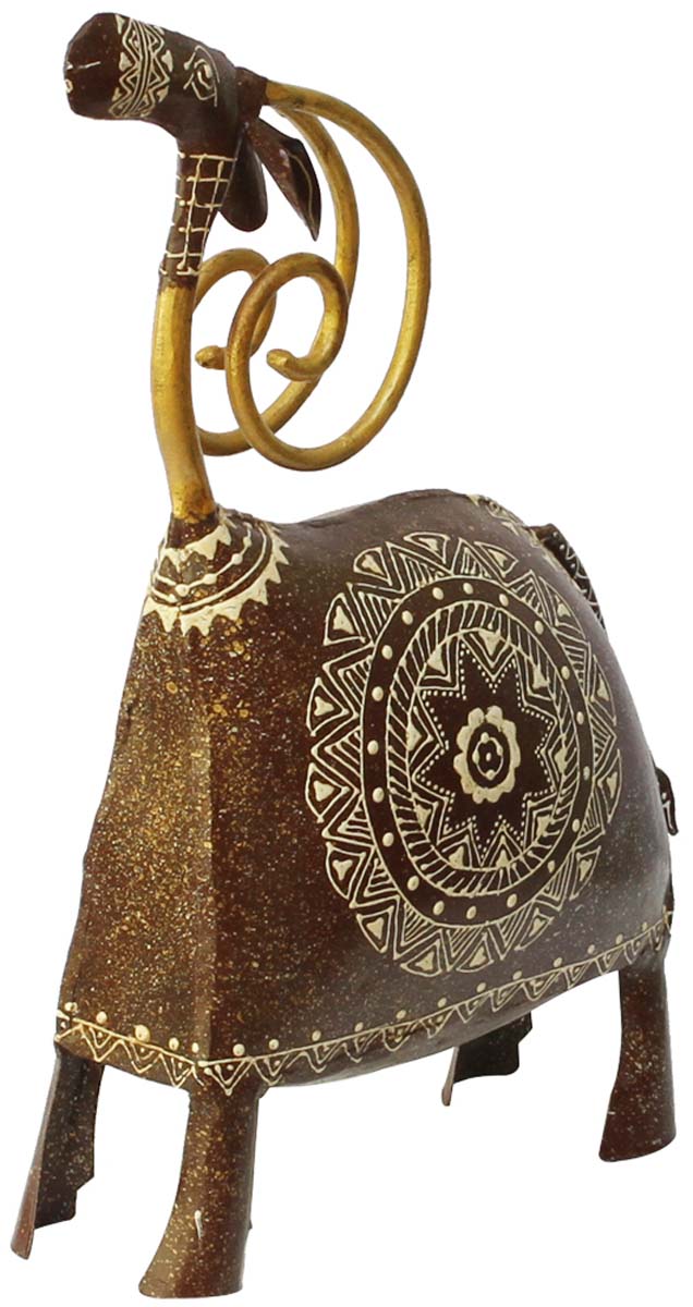 Bulk Wholesale Handmade 12” Iron Figurine / Sculpture of Sheep with Long Neck – in Brown & Golden Color with Cone Painting Art – Antique-Look Home Décor