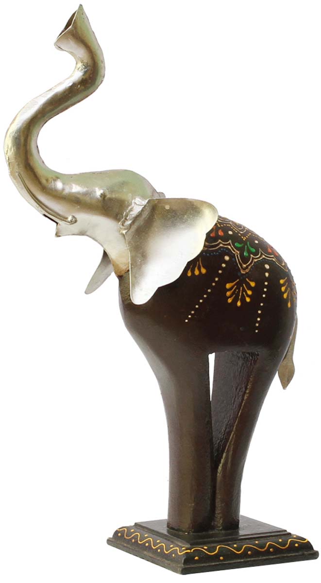 Bulk Wholesale Hand-Crafted 11” MDF Decoration Piece / Sculpture of a Cute Elephant with Metal Face & Tail – Art-Piece in Cone Painting Art – Ethnic-Look Home Décor from India