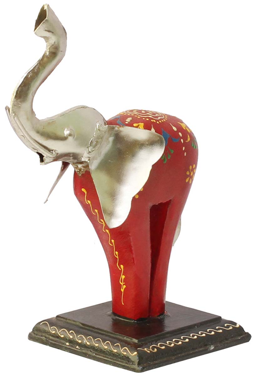 Bulk Wholesale Hand-Crafted 9” MDF Decoration Piece / Sculpture of a Cute Red Elephant with Metal Face & Tail in Silver Color – Art-Piece in Cone Painting Art – Ethnic-Look Home Décor from India