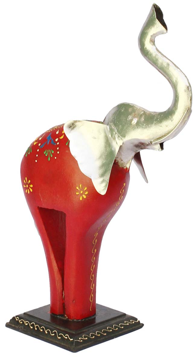 Bulk Wholesale Hand-Crafted 11” MDF Decoration Piece / Sculpture of a Cute Red Elephant with Metal Face & Tail in Silver Color – Art-Piece in Cone Painting Art – Ethnic-Look Home Décor from India