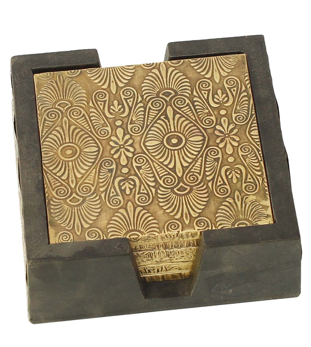 Bulk Wholesale Hand-Carved 5” Wooden Set of 6 Coasters with a Holder Decorated with Brass Inlay Work – Antique-Look Dining / Kitchen Essentials