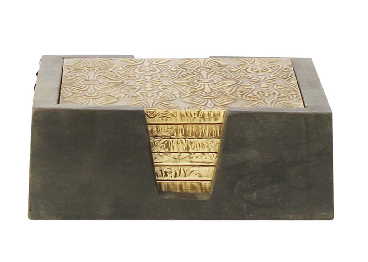 Bulk Wholesale Hand-Carved 5” Wooden Set of 6 Coasters with a Holder Decorated with Brass Inlay Work – Antique-Look Dining / Kitchen Essentials