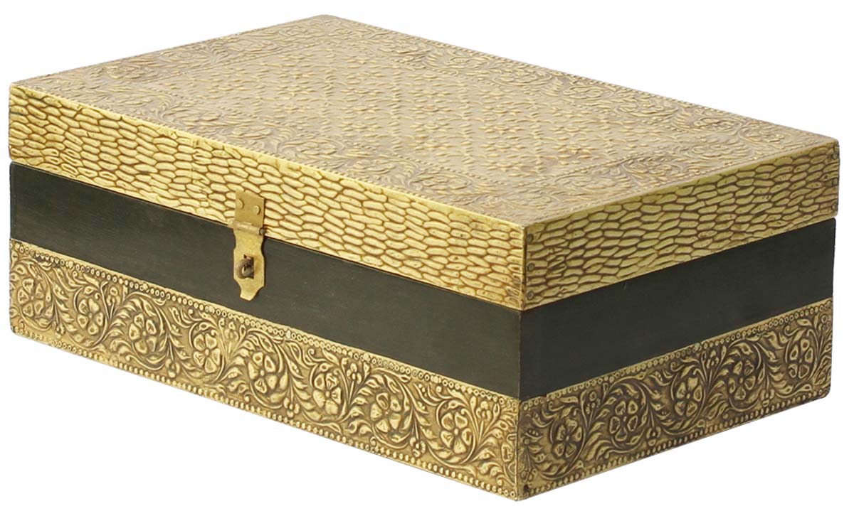 11x7” Wooden Jewelry Box in Bulk - Wholesale Handmade Black Keepsake Box/Trinket Box with 6 Compartments Enhanced with Golden Brass Inlay Work in Traditional-Look Motifs from India