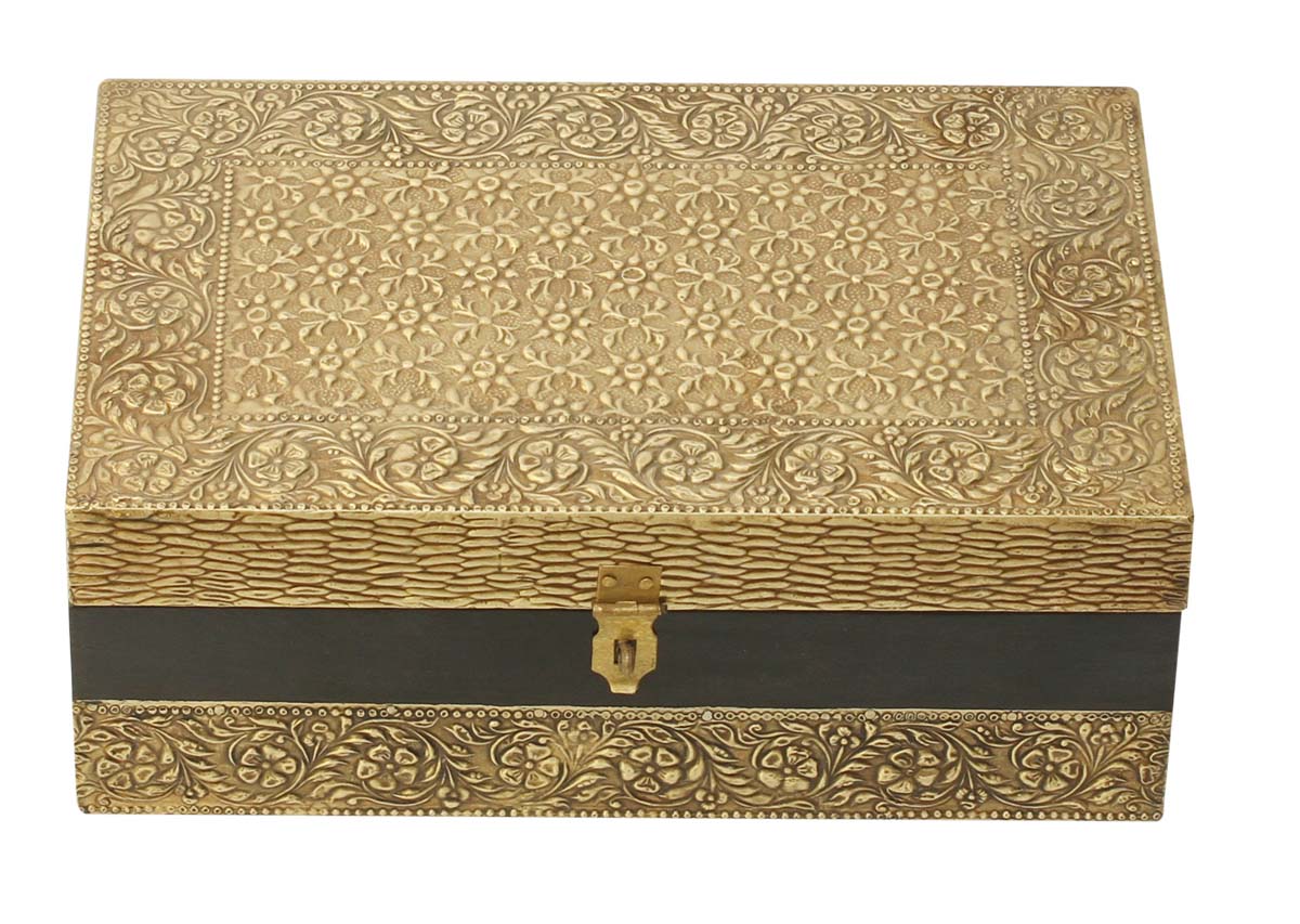 11x7” Wooden Jewelry Box in Bulk - Wholesale Handmade Black Keepsake Box/Trinket Box with 6 Compartments Enhanced with Golden Brass Inlay Work in Traditional-Look Motifs from India