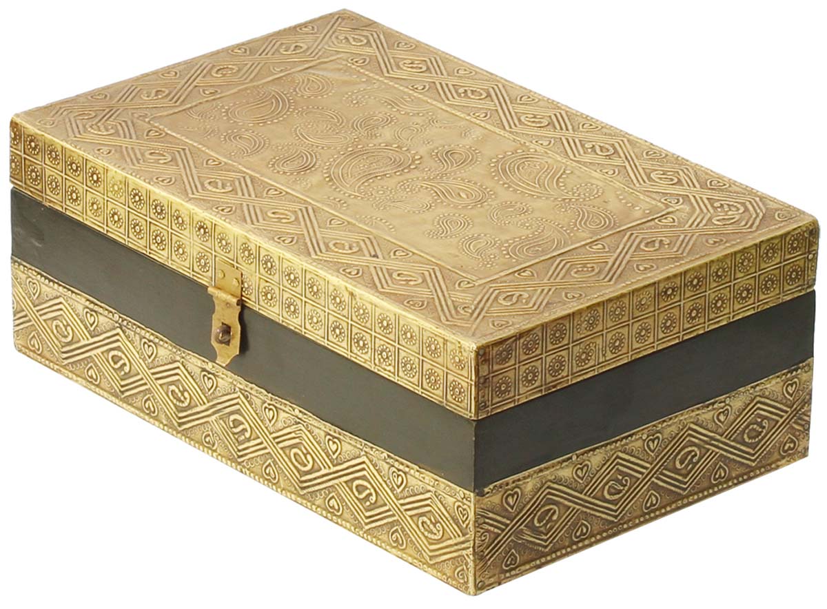 Wholesale 11x7” Wooden Jewelry Box in Bulk - Source Handmade Black Keepsake Box/Trinket Box with 6 Compartments Enhanced with Golden Brass Inlay Work in Traditional-Look Motifs from India