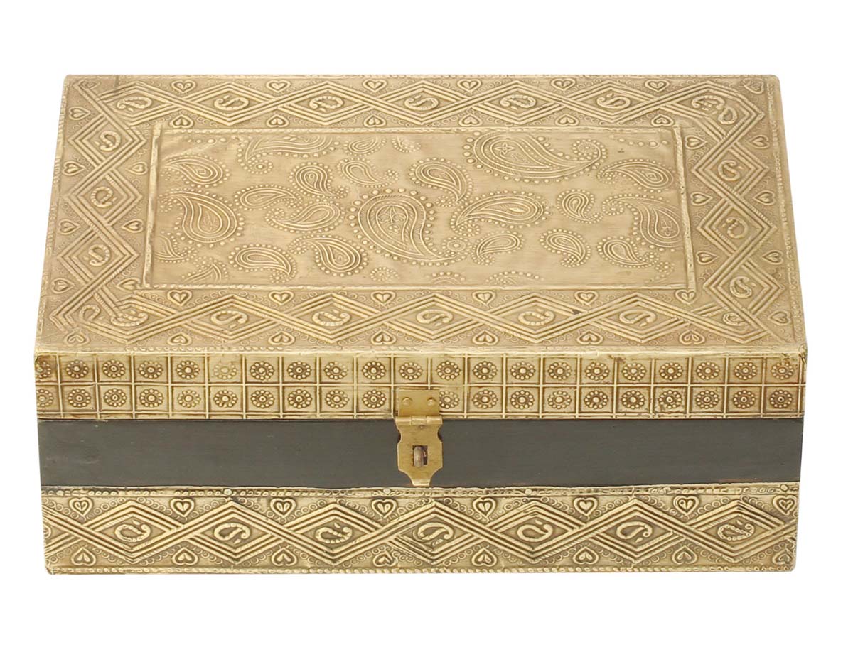 Wholesale 11x7” Wooden Jewelry Box in Bulk - Source Handmade Black Keepsake Box/Trinket Box with 6 Compartments Enhanced with Golden Brass Inlay Work in Traditional-Look Motifs from India