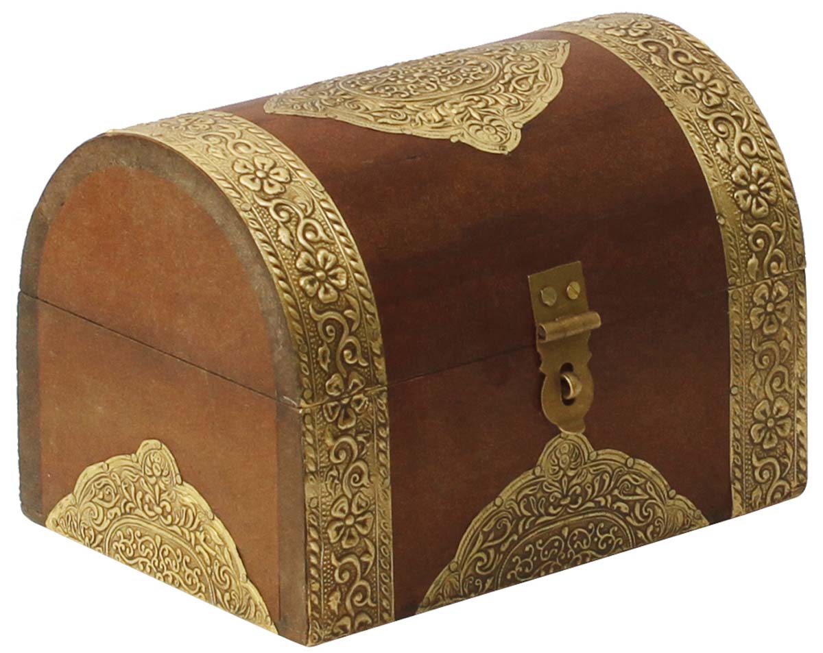 Trunk Shaped Wooden Jewelry Box in Bulk - Wholesale 7” Handmade Keepsake Box/Trinket Box Enhanced with Old-World Golden Brass Inlay Work in Traditional-Look Motifs from India