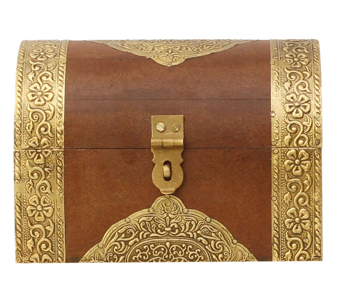 Trunk Shaped Wooden Jewelry Box in Bulk - Wholesale 7” Handmade Keepsake Box/Trinket Box Enhanced with Old-World Golden Brass Inlay Work in Traditional-Look Motifs from India