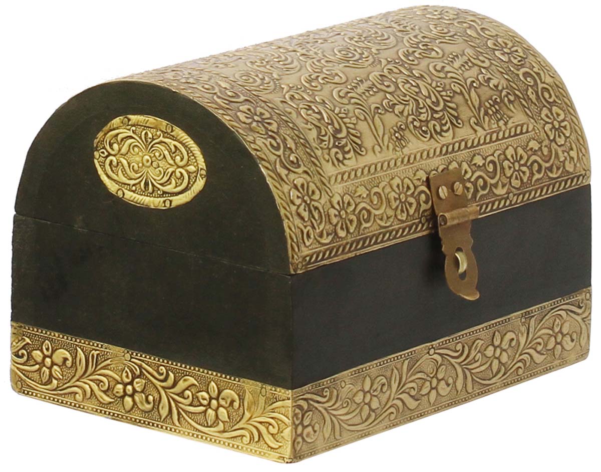 Wholesale Trunk-Shaped 7” Wooden Jewelry Box in Bulk - Source Handmade Black Keepsake Box/Trinket Box Enhanced with Golden Brass Inlay Work in Traditional-Look Motifs from India