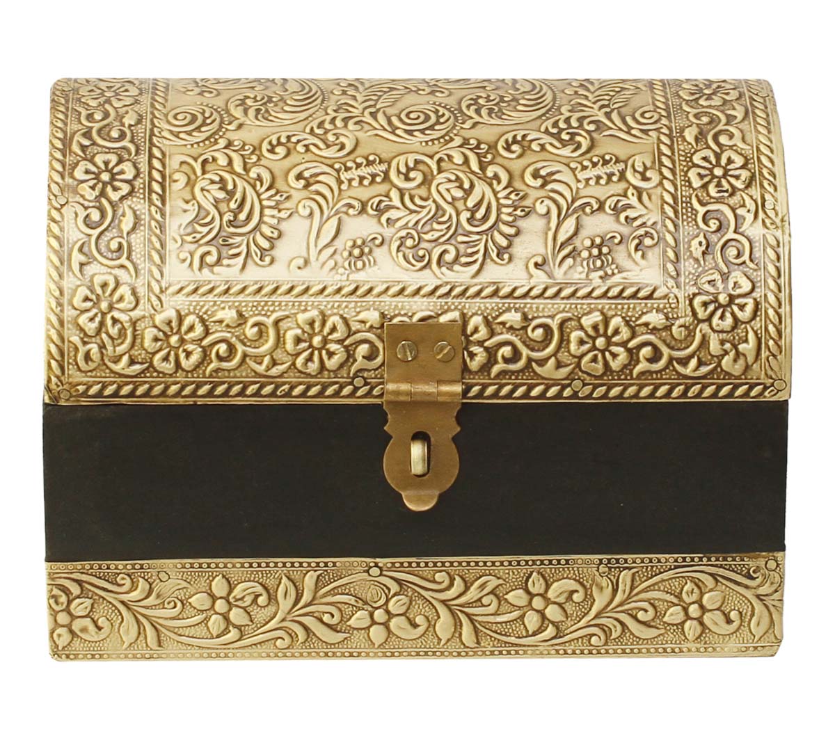 Wholesale Trunk-Shaped 7” Wooden Jewelry Box in Bulk - Source Handmade Black Keepsake Box/Trinket Box Enhanced with Golden Brass Inlay Work in Traditional-Look Motifs from India