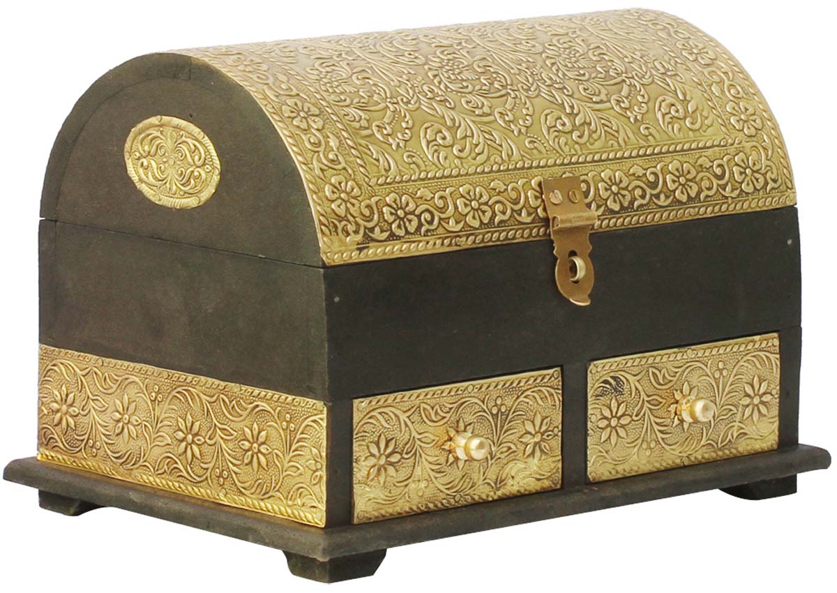 9.5” Trunk Shaped Wooden Jewelry Box in Bulk - Wholesale Handmade Black Keepsake Box/Trinket Box with 2 Drawers Enhanced with Golden Brass Inlay Work in Traditional-Look Motifs from India