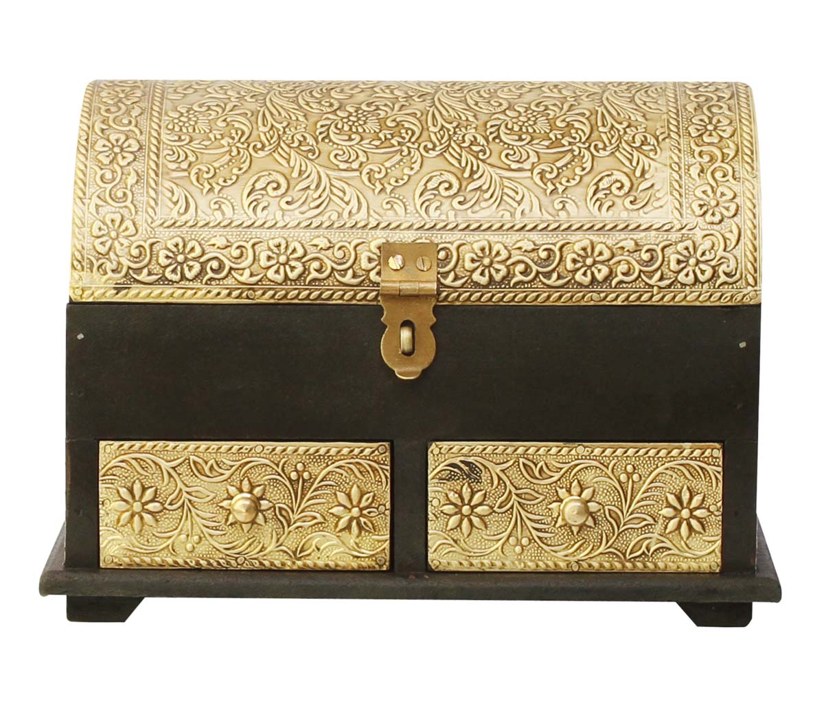 9.5” Trunk Shaped Wooden Jewelry Box in Bulk - Wholesale Handmade Black Keepsake Box/Trinket Box with 2 Drawers Enhanced with Golden Brass Inlay Work in Traditional-Look Motifs from India