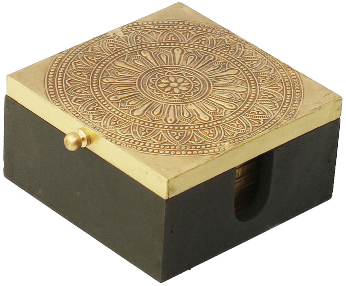 Bulk Wholesale 5” MDF Set of 6 Coasters Hand-Carved with a Box Decorated with Golden Brass Inlay Work in Traditional-Look Motifs - Antique-Look Dining/Kitchen Essentials