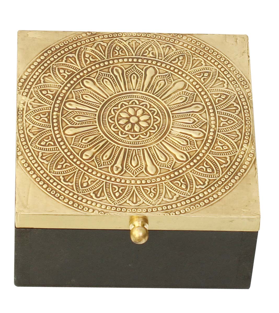 Bulk Wholesale 5” MDF Set of 6 Coasters Hand-Carved with a Box Decorated with Golden Brass Inlay Work in Traditional-Look Motifs - Antique-Look Dining/Kitchen Essentials