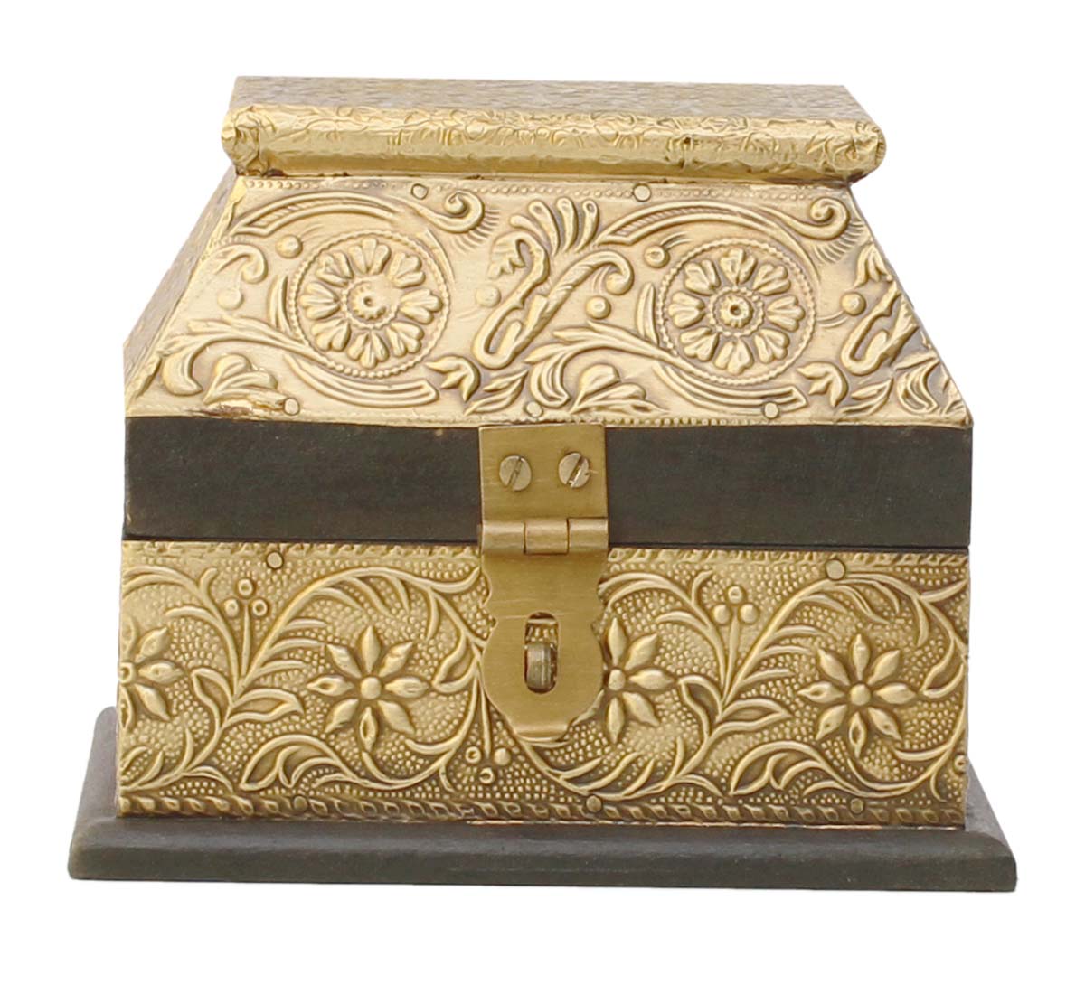 Wholesale 5.5” Trunk Shaped Wooden Jewelry Box in Bulk - Source Handmade Black Keepsake Box/Trinket Box Enhanced with Golden Brass Inlay Work in Traditional-Look Motifs from India