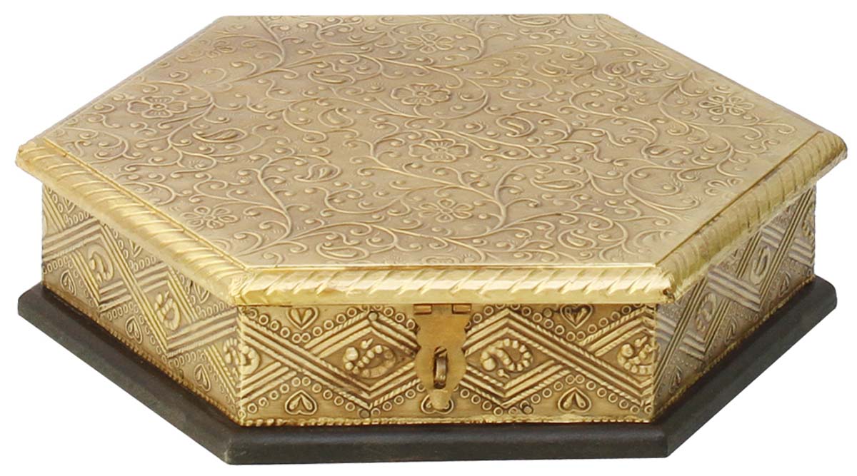 Wholesale Hexagon-Shaped 9” Wooden Jewelry Box in Bulk - Source Handmade Black Keepsake Box/Trinket Box Enhanced with Golden Brass Inlay Work in Traditional-Look Motifs from India