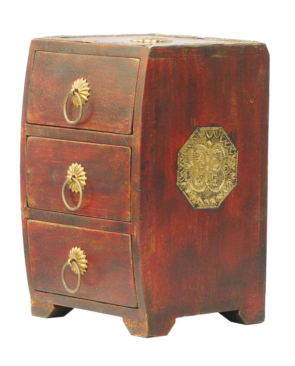 Source 8” Wooden Jewelry Box in Bulk - Wholesale Handmade Distressed Maroon Jewelry Box/Trinket Box with 3 Chest Drawers Decorated with Brass Handles and Inlay Work from India