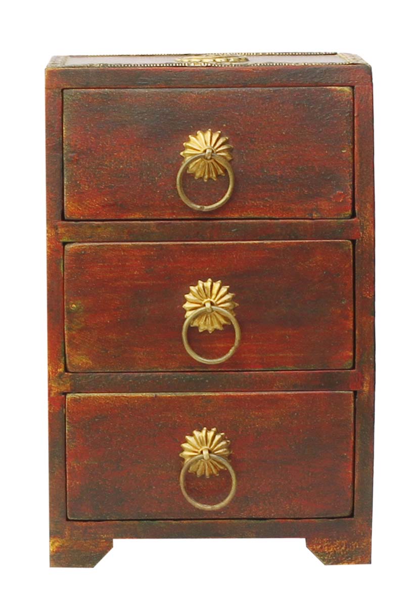 Source 8” Wooden Jewelry Box in Bulk - Wholesale Handmade Distressed Maroon Jewelry Box/Trinket Box with 3 Chest Drawers Decorated with Brass Handles and Inlay Work from India