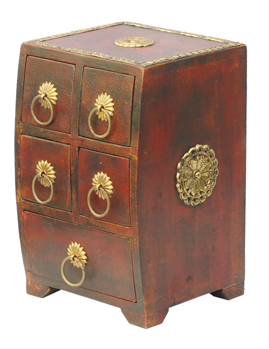Wholesale 8” Wooden Black Jewelry Box in Bulk - Source Handmade Distressed Maroon Jewelry Box/Trinket Box with 5 Chest Drawers Decorated with Brass Handles and Inlay Work from India