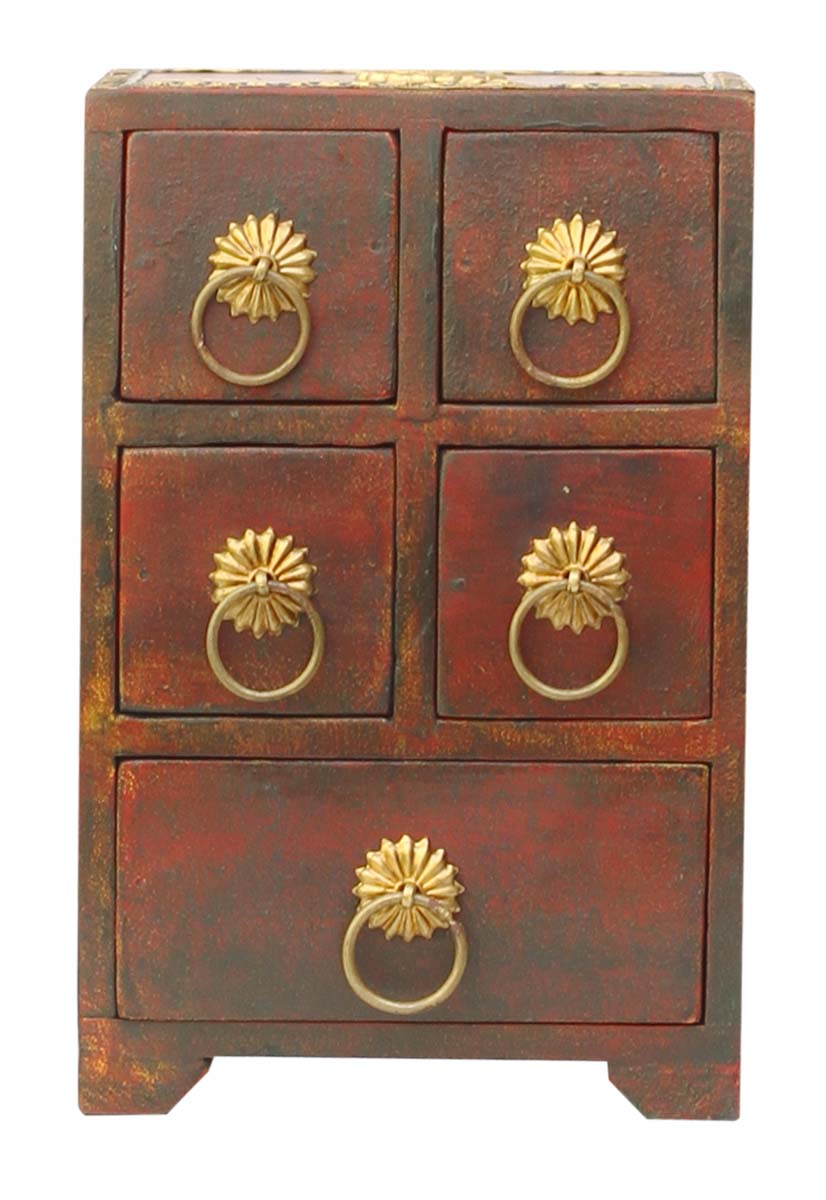 Wholesale 8” Wooden Black Jewelry Box in Bulk - Source Handmade Distressed Maroon Jewelry Box/Trinket Box with 5 Chest Drawers Decorated with Brass Handles and Inlay Work from India