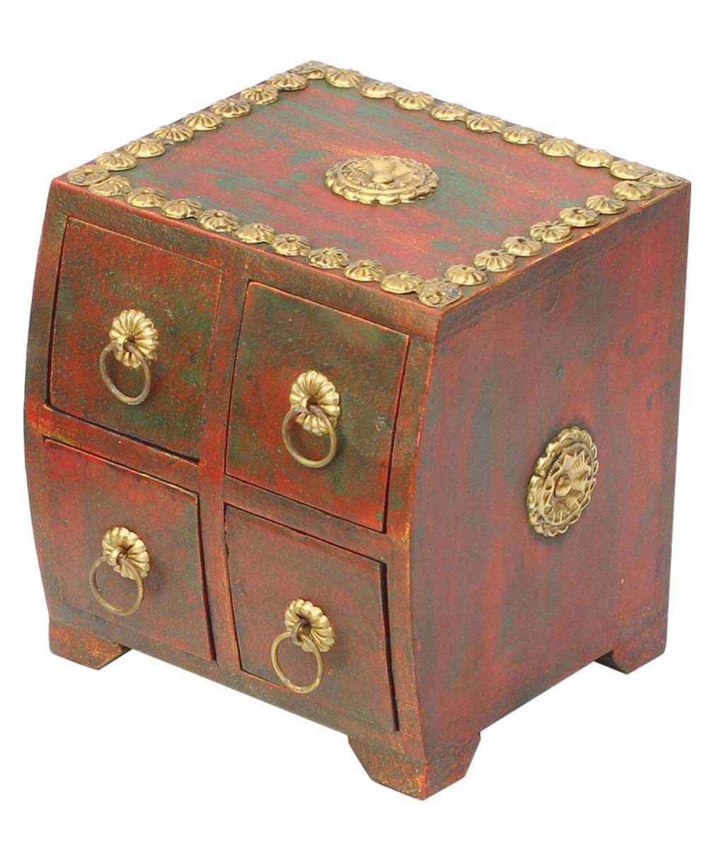 5.5” Wooden Black Jewelry Box in Bulk - Wholesale Handmade Distressed Maroon Jewelry Box/Trinket Box with 4 Chest Drawers Decorated with Brass Handles and Inlay Work from India