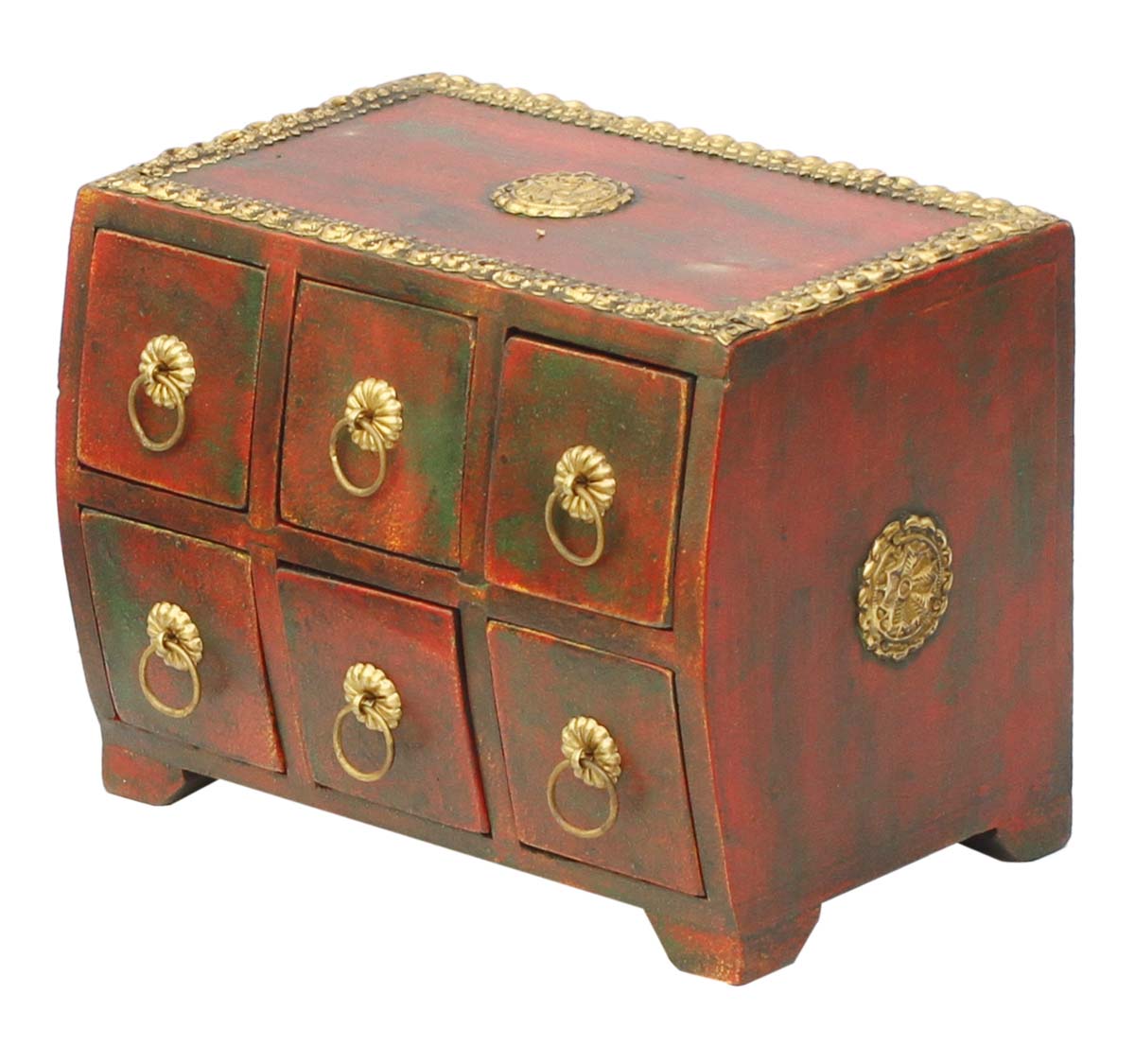 Bulk Buy 8” Wooden Black Jewelry Box - Wholesale Handmade Distressed Maroon Jewelry Box/Trinket Box with 6 Chest Drawers Decorated with Brass Handles and Inlay Work from India
