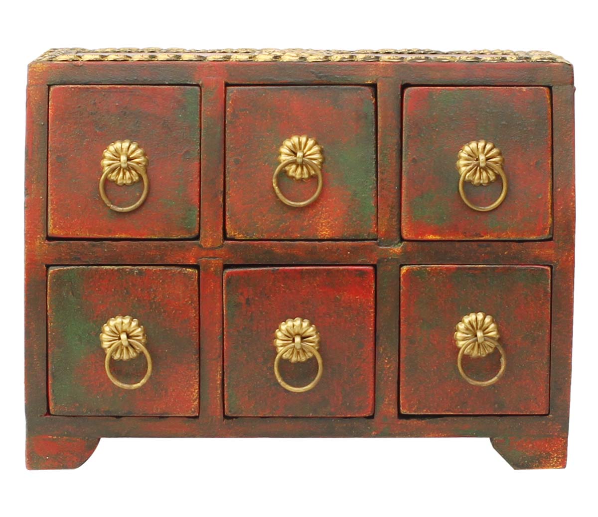 Bulk Buy 8” Wooden Black Jewelry Box - Wholesale Handmade Distressed Maroon Jewelry Box/Trinket Box with 6 Chest Drawers Decorated with Brass Handles and Inlay Work from India