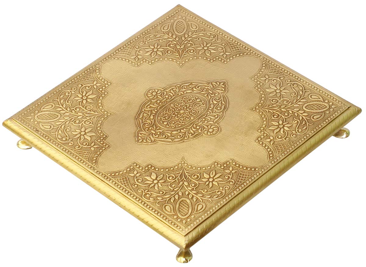 Bulk Wholesale Handmade 10” Wood Chowki Seat Covered with Brass Inlay Work in Traditional-Look Motifs – Antique-Look Sitting Tables from India