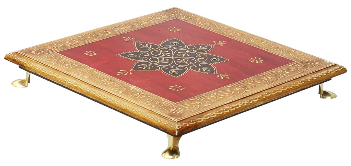 Bulk Wholesale Handmade 10” Wood Chowki Seat Decorated with Old World Cone Painting Art in Red and Brown – Antique-Look Sitting Tables with Brass Legs from India