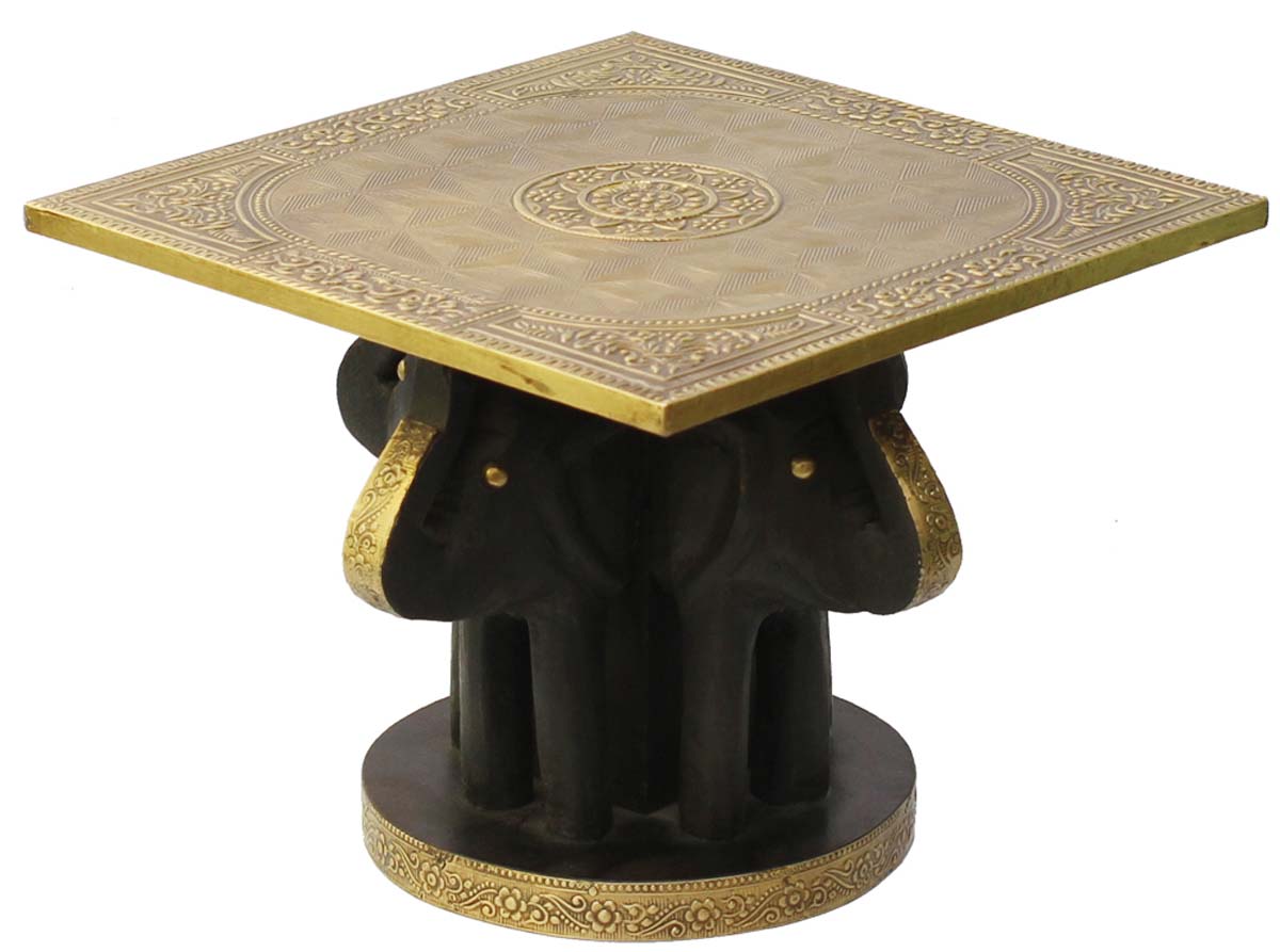 Bulk Wholesale Handmade 9” Wood Round Table Decorated with 4 Black Elephants Carved & Old World Brass Inlay Work – Antique-Look Side Tables from India