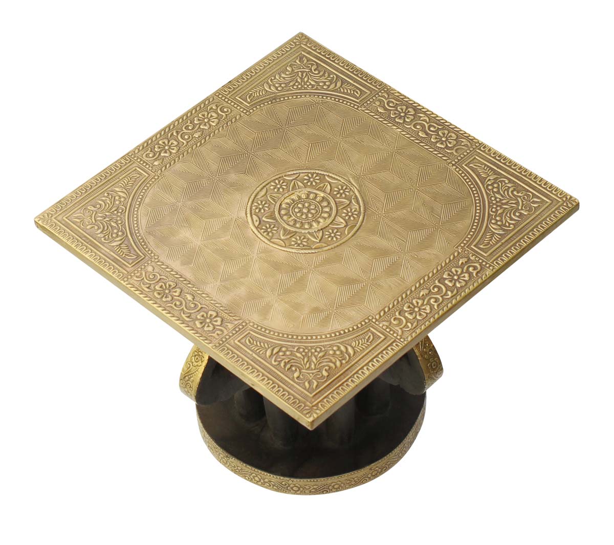 Bulk Wholesale Handmade 9” Wood Round Table Decorated with 4 Black Elephants Carved & Old World Brass Inlay Work – Antique-Look Side Tables from India
