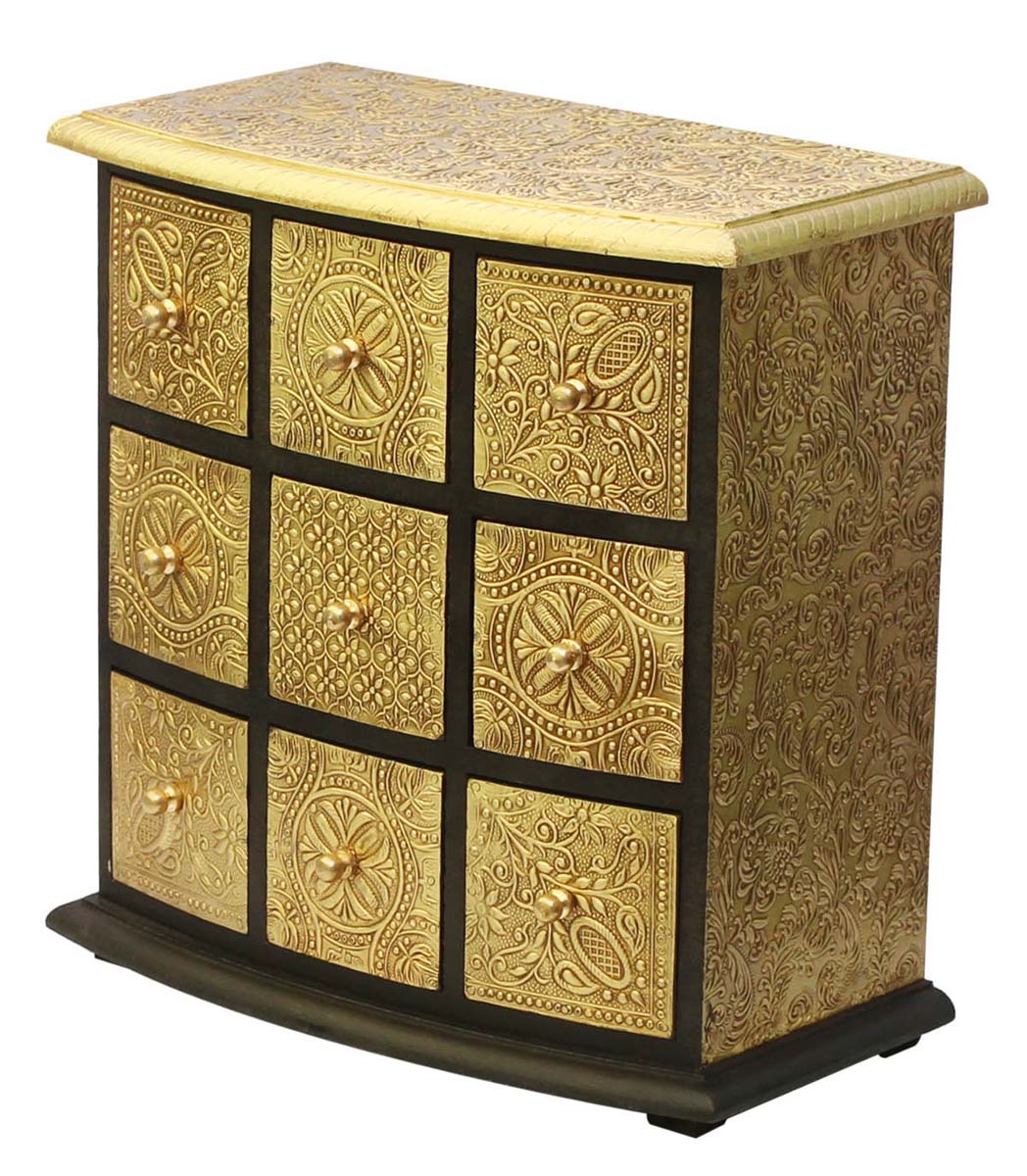 Wholesale 11” Wooden Jewelry Box with 9 Chest Drawers - Buy Bulk Black & Golden Jewelry Box with 9 Chest Drawers Enhanced with Old-World Brass Inlay Work - Ethnic Look Trinket Boxes From India