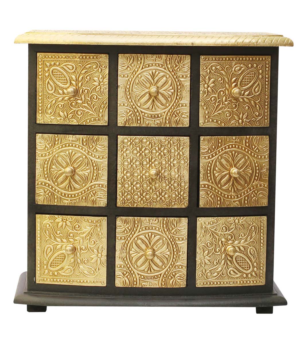 Wholesale 11” Wooden Jewelry Box with 9 Chest Drawers - Buy Bulk Black & Golden Jewelry Box with 9 Chest Drawers Enhanced with Old-World Brass Inlay Work - Ethnic Look Trinket Boxes From India