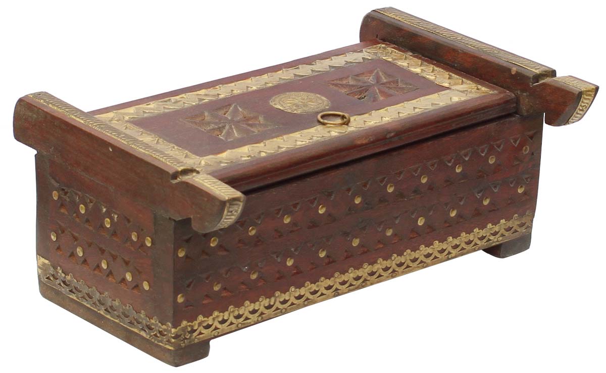 Source 12” Wooden Jewelry Box in Bulk - Wholesale Handmade Maroon & Golden Jewelry Box/Trinket Box with Partition and Decorated with Old-World Art of Brass Inlay from India