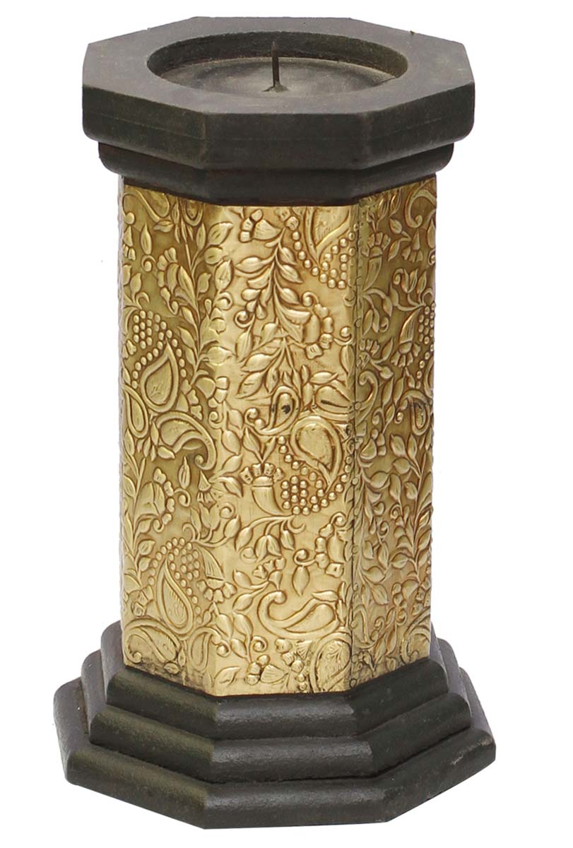 Bulk Wholesale Handmade 9” Black & Golden Pillar-Shaped Candle Stand / Tea-Light Holder in Wood Decorated with Brass Work – Antique-Look Home Décor from India